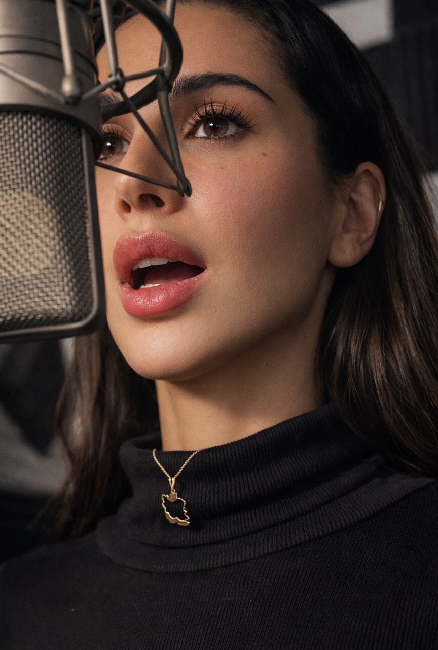 Somayeh chantant devant un micro de studio, col roulé noir et pendentif doré en forme de carte de l’Iran